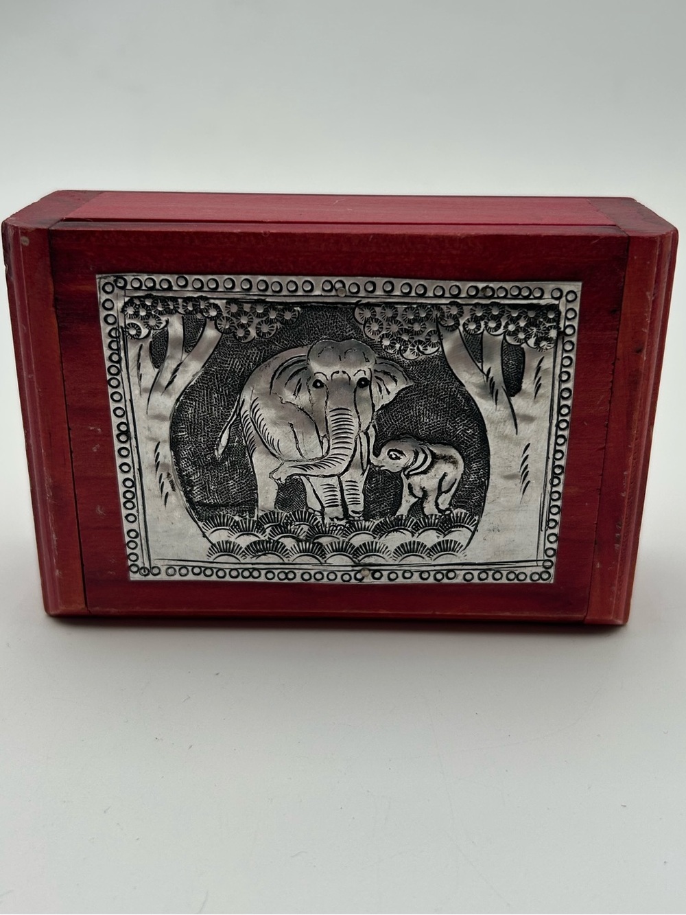 Handcrafted Red Wooden Box with Inlaid Elephants